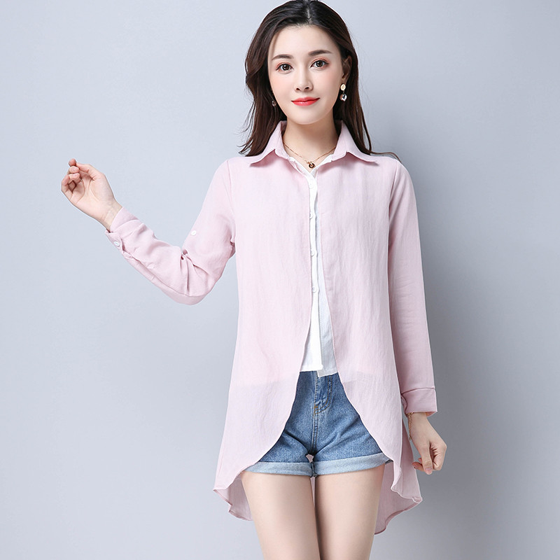 中长款衬衫女夏季韩版时尚polo领长袖单排扣长袖直筒开衫上衣外套