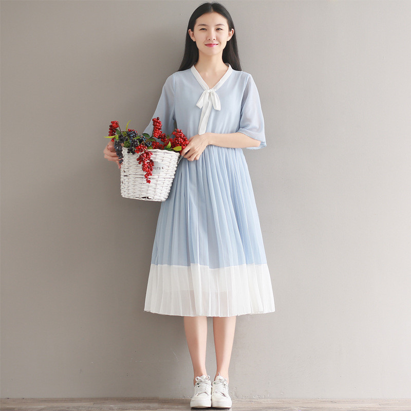小雅家文艺小清新中长款蝴蝶结系带雪纺连衣裙女夏季新款百褶裙子