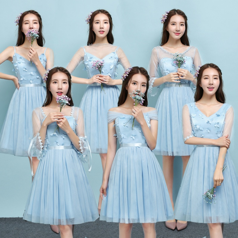 818款伴娘服短款烟灰色2017新款韩版姐妹团显瘦毕业晚会活动小礼服裙