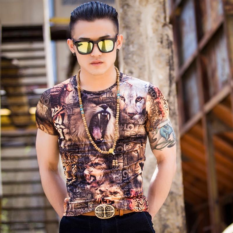 娉语潮男短袖全动物印花个性社会青年紧身韩版t恤复古夏装弹力中国风