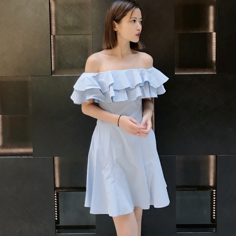 娉语夏季新款女装一字领露肩双层荷叶边袖连衣裙气质淑女范收腰a字裙