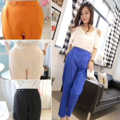 薇侣2017春夏款西装裤韩国百搭大码休闲哈伦裤女装纯色小脚九分裤6118