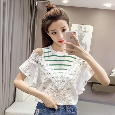 薇侣2017新款韩版镂空蕾丝衫夏季漏肩T恤宽松短袖荷叶边上衣
