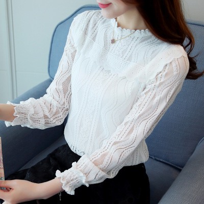 薇侣2017新品长袖上衣女网纱蕾丝衫打底新款小衫韩版百搭雪纺