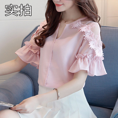 薇侣2017新品#短袖女雪纺上衣2017小衫学院风荷叶袖时尚网纱拼接衬衣