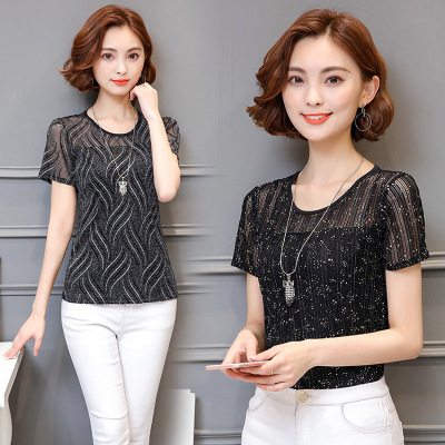 薇侣2017新品夏新款时尚百搭网纱大码透视上衣女