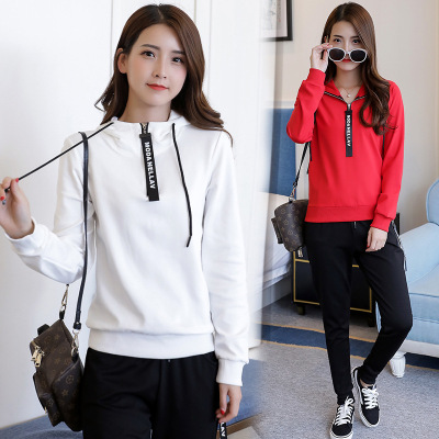 薇侣2017新品秋季女时尚休闲运动服套装修身连帽卫衣两件套潮