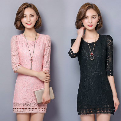 薇侣2017新品中袖百搭女大码修身上衣中长款镂空蕾丝打底衫