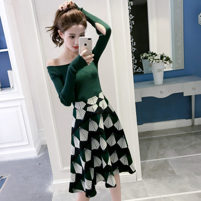 薇侣2017新品秋装新款韩版修身一字领针织上衣+印花长裙两件套