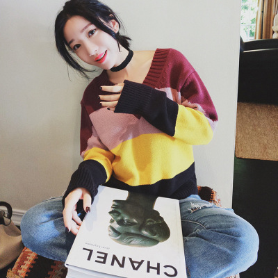 薇侣2017新品女装秋季新款V领条纹撞色针织上衣长袖