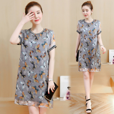 薇侣2017新品夏季新款宽松大码蝴蝶花雪纺短袖中长款连衣裙女