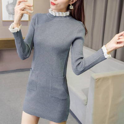 薇侣2017新品实拍秋冬新款韩版长袖半高领荷叶边打底裙针织衫毛衣女