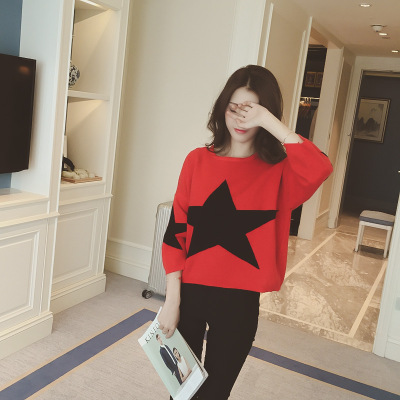 薇侣2017新品秋装韩版新款舒适五角星宽松短款优质针织衫上衣女
