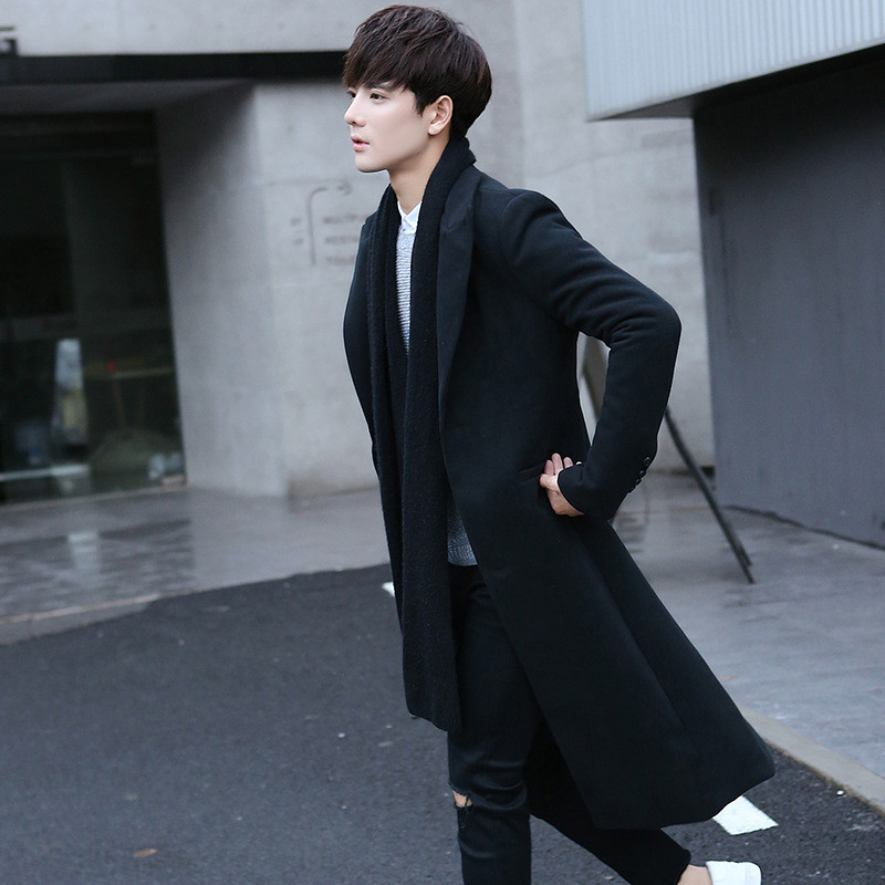 风衣男韩版秋冬季长款青年超长过膝毛呢大衣英伦呢子修身外套男装