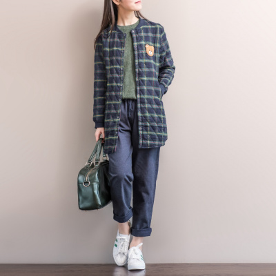 娉语加厚格子外套女 宽松大码文艺卡通图案立领开衫上衣 秋冬新款女装