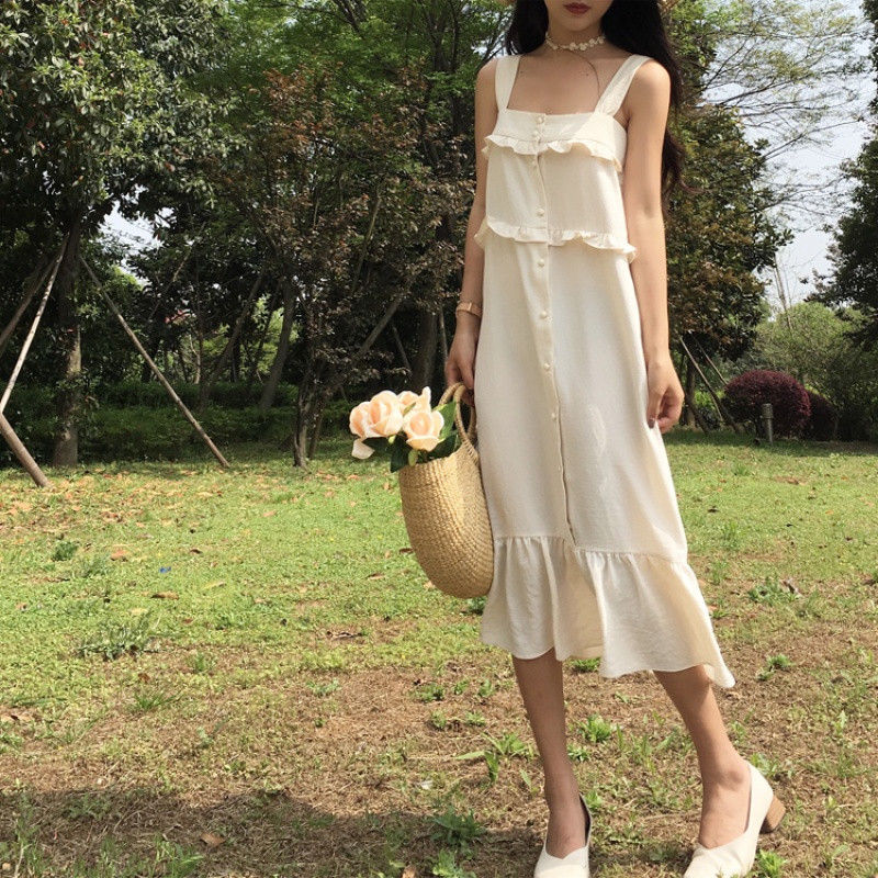 828新款复古港味海边度假风荷叶边chic连衣裙女2017新款韩版背心裙