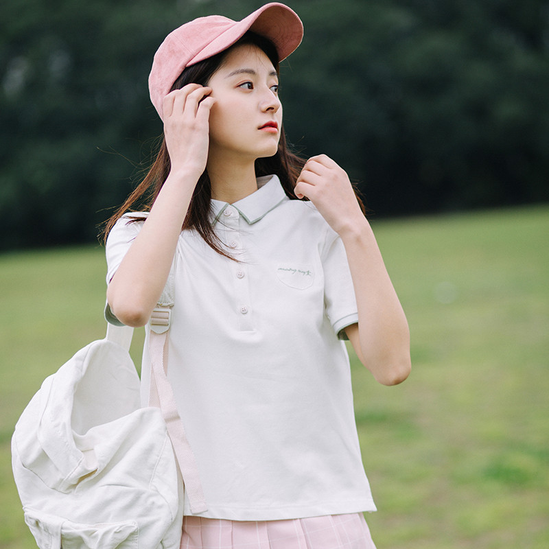 828新款春夏季学院风polo衫女百搭纯棉学生上衣白色短袖t恤翻领班服