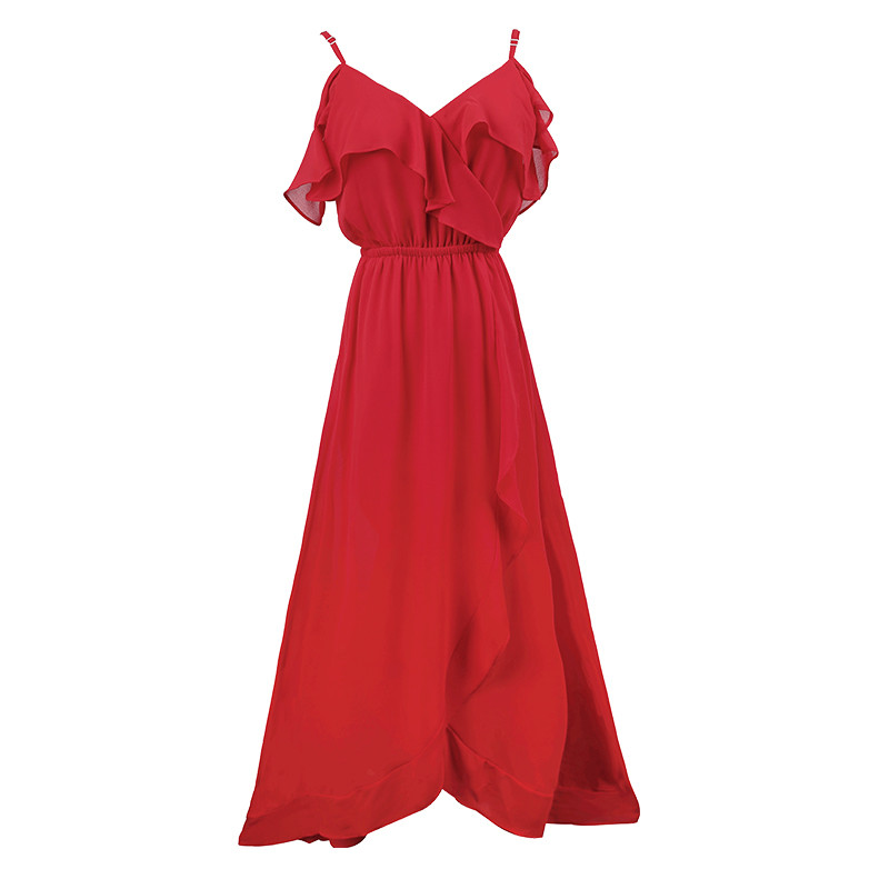 828新款度假海边沙滩裙红色礼服漏肩连衣裙夏露肩雪纺裙吊带长裙燕尾