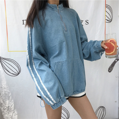 珂依舍2017秋装新款宽松百搭双条纹套头bf牛仔外套夹克女实价