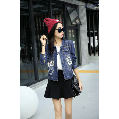 珂依舍2017秋装新款17韩版女秋装新款贴布印花宽松长袖纯棉百搭牛仔短外套