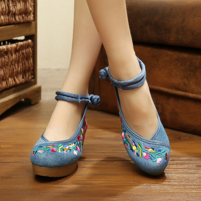 2017新款纯牛津底坡跟内增高加厚老北京女布鞋绣花鞋单鞋高跟鞋坡跟鞋