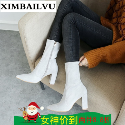 2017秋冬新品短靴女细跟高跟鞋尖头短靴靴侧拉链马丁靴及裸靴