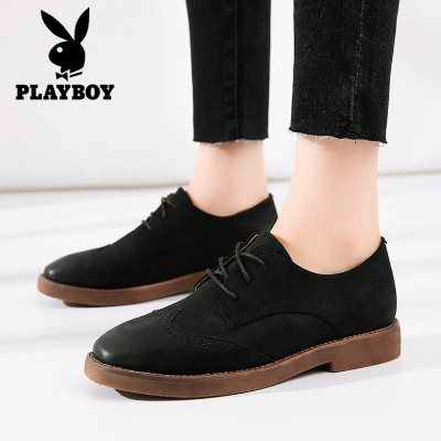 花花公子女鞋2017秋英伦风小皮鞋复古女平底百搭休闲鞋布洛克单鞋