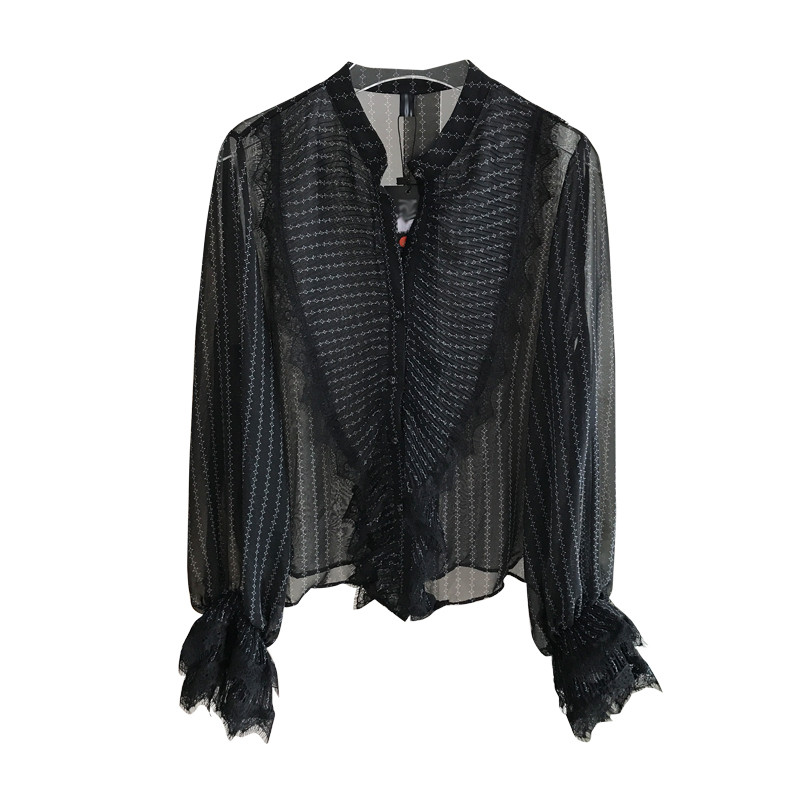 theone秋季新款优雅浪漫百褶蕾丝花边条纹印花长袖雪纺衫女装