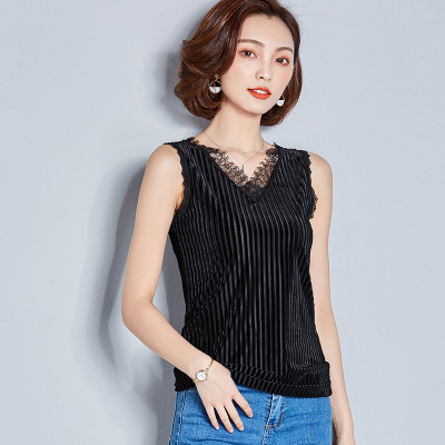 瑾汐2018新款韩版无袖V领条纹丝绒背心女蕾丝拼接打底衫