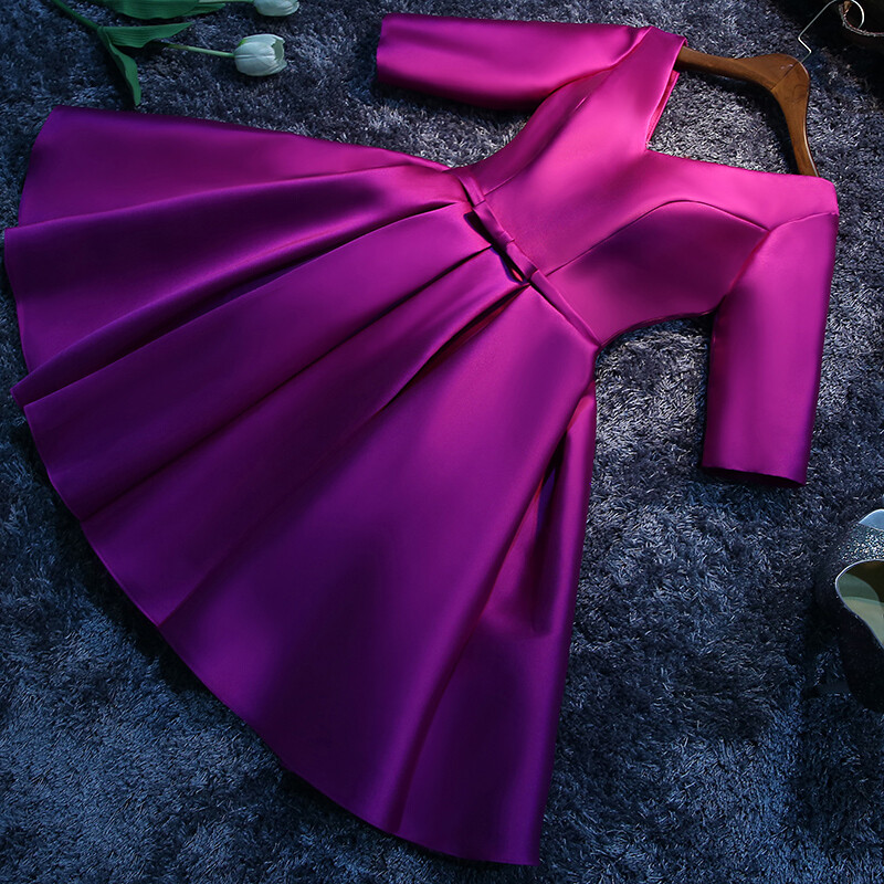 斯妍宴会晚礼服2017新款紫色一字肩v领女主持人短款聚会小礼服连衣裙