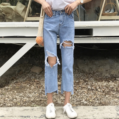902新款春夏女装韩版不规则膝盖破洞直筒裤宽松九分裤学生休闲牛仔裤定制