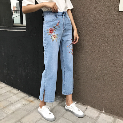 902新款韩国ulzzang夏季原宿风宽松刺绣花朵开叉微喇牛仔裤女直筒九分裤定制