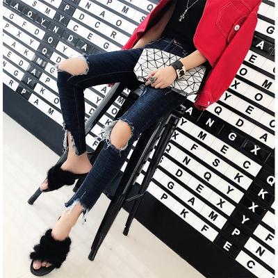 902新款晶爷港风港味小脚铅笔破洞高腰毛边牛仔裤女秋2017新款韩版九分裤定制