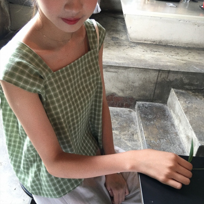 902新款2017韩国夏季新品百搭气质复古小清新学生甜美格子无袖背心上衣女定制绿色均码