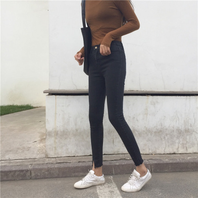 902新款2017新款韩版高腰弹力裤脚开叉水洗牛仔裤女宽松百搭九分裤潮定制