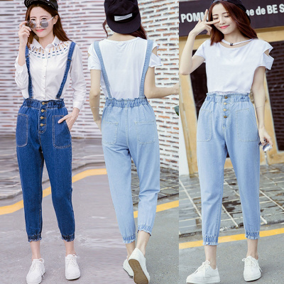 902新款2017春夏新款牛仔背带裤女九分裤春秋百搭宽松韩版学生裤可拆卸定制