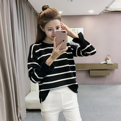 顺崇2018春新款韩版女装宽松长袖条纹上衣套头毛衣女外套打底针织衫