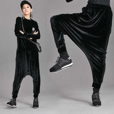 顺崇2018春季时尚套装金丝绒套裤弹力长袖上衣宽松哈伦裤套装