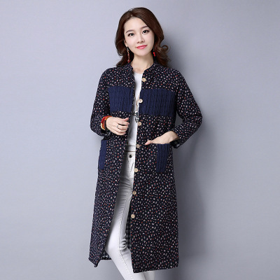 顺崇2017冬季立领开衫中长款修身显瘦棉服草莓叶碎花大码棉衣