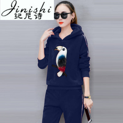 纪尼诗女装2018冬季新款加绒加厚运动休闲套装女冬装韩版时尚潮金丝绒两件套544
