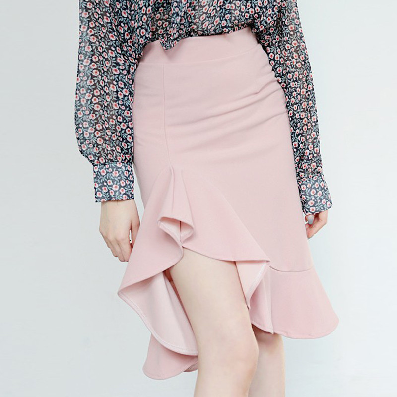 qma新款鱼尾裙半身裙秋季女高腰中长款chic韩版荷叶边夏不规则开叉