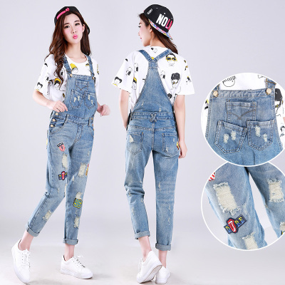 qma新款破洞背带牛仔长裤女秋韩版宽松显瘦修身贴布图案九分连体裤学院风定制