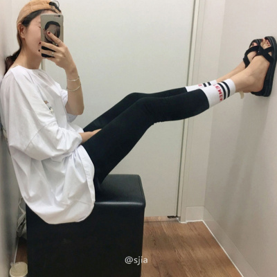 bw9新款韩国新款撞色条纹字母螺纹拼接黑色运动裤子紧身外穿打底裤女定制