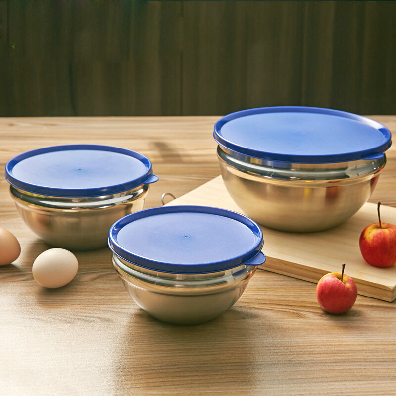 纳丽雅 不锈钢保鲜碗 大号带盖沙拉碗饭盒三件套装 保鲜碗三件套