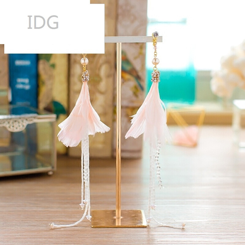 idg韩式粉色羽毛耳环新娘长款耳饰结婚纱婚纱礼服配饰品清璇