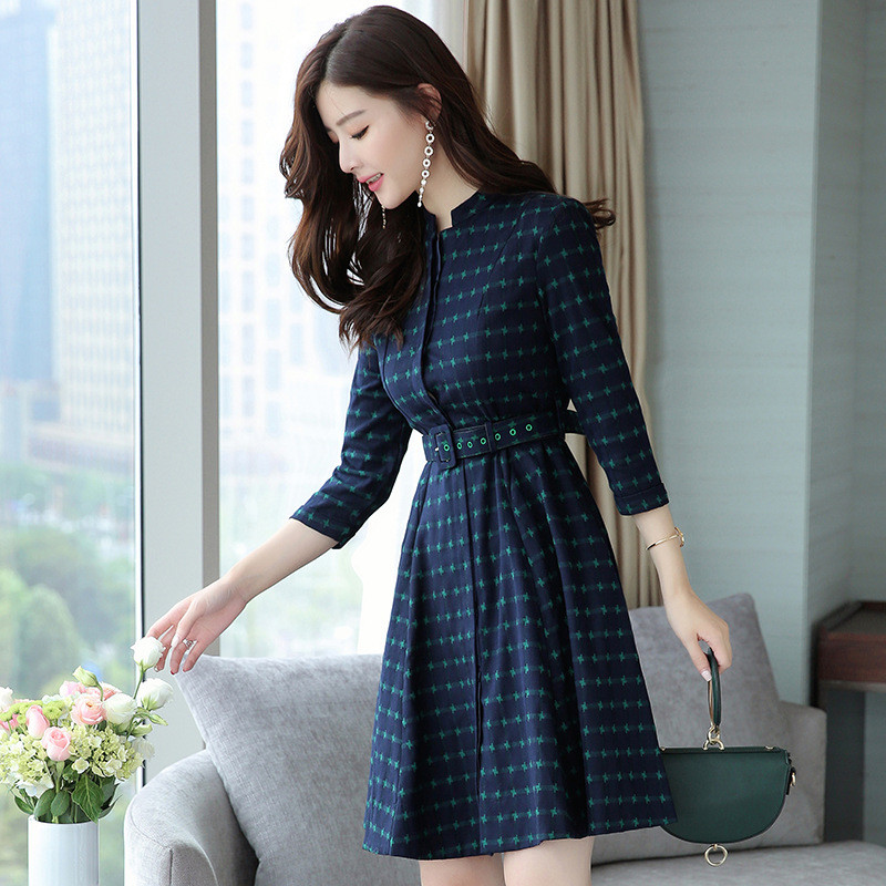 锦铭七玥2017秋冬新款韩版时尚气质小清新女装收腰七分袖中长款a字