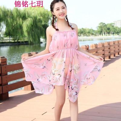 锦铭七玥2018新款泳装女 燕尾白鹤图案系脖抹胸平角三件套泳衣厂