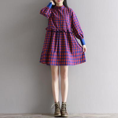 2016秋冬新款森女系宽松大码复古撞色灯笼袖小高领纯棉格子连衣裙