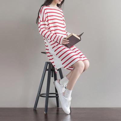 2016秋季新款森女系文艺宽松条纹拼接纯棉针织T恤裙长袖连衣裙潮