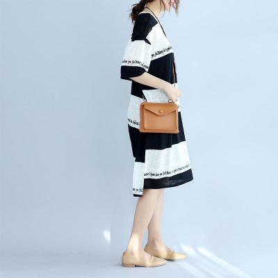 2017夏季新款文艺胖mm印花条纹蝙蝠袖中长款大码宽松连衣裙女裙子